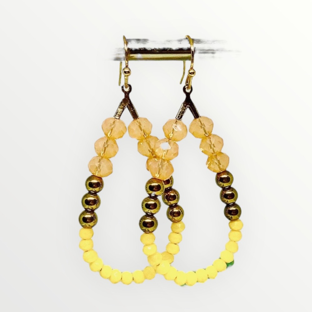 BOUTIQUE Elegant Yellow and Gold Beaded Earrings, Summer Hoops, Fun Dangles